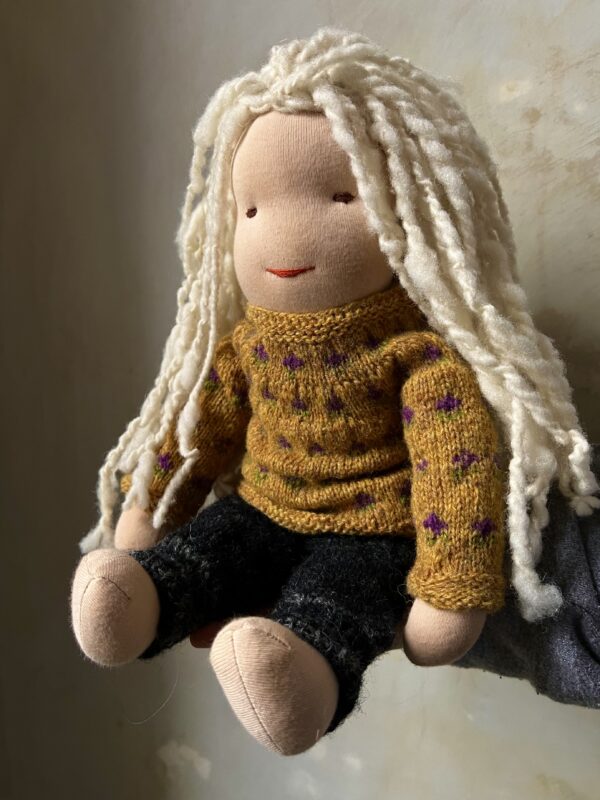 Doll 35cm tall with knitted clothes and handspun hair