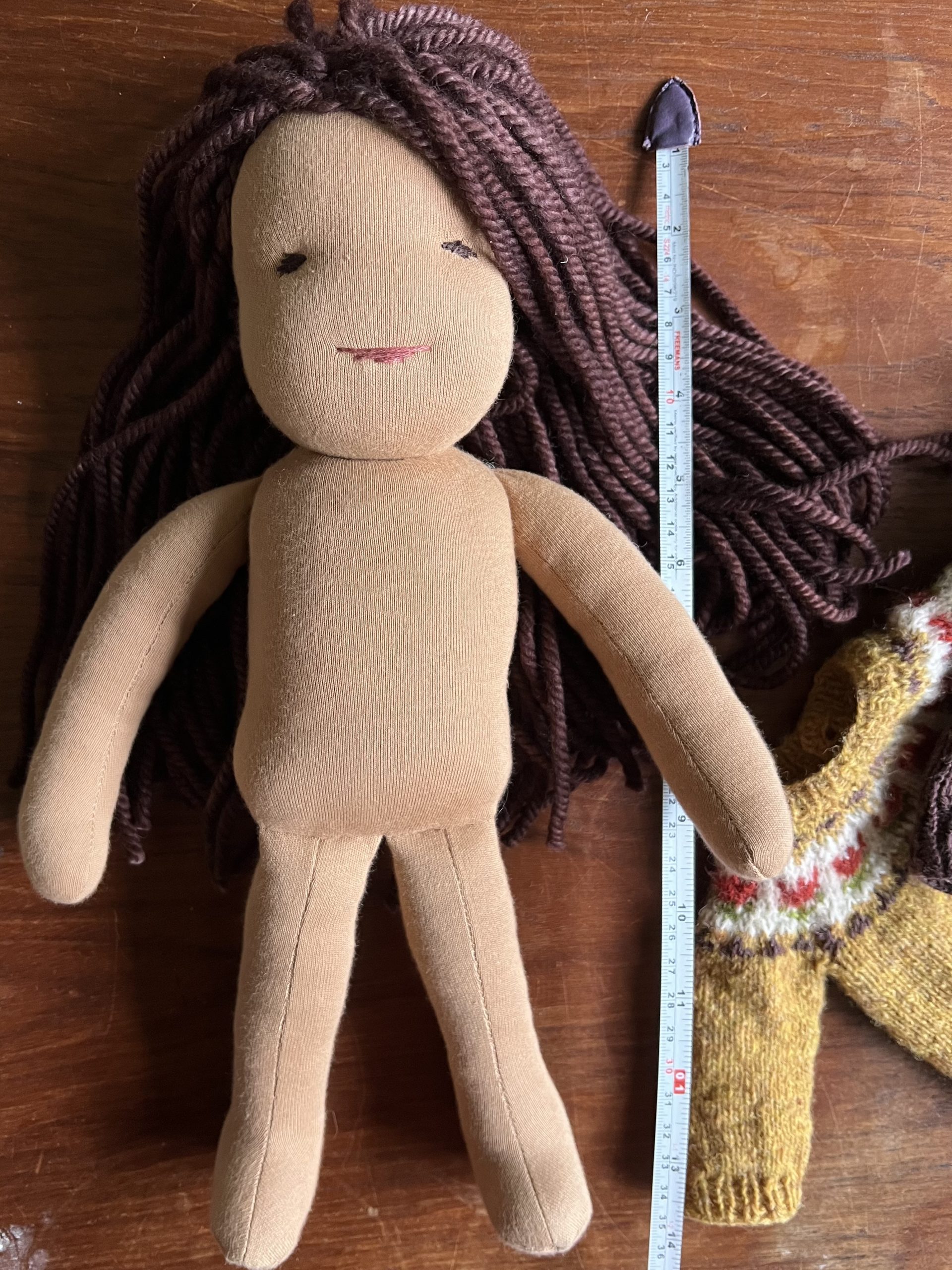 Doll 35cm tall with knitted jumper and long brown hair Dalston Dolls